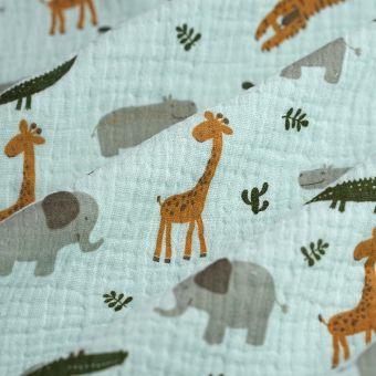 Tissu double gaze jungle bébé jade