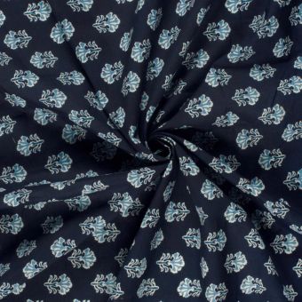 Tissu voile de coton Indienne feuille indigo