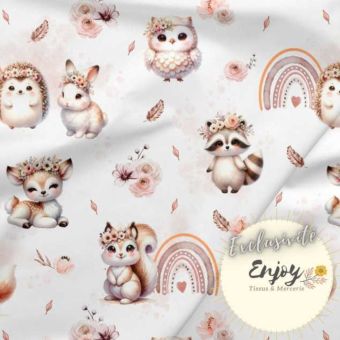 Tissu 100% coton premium Animaux de la Forêt Boho rose vendu par mètre