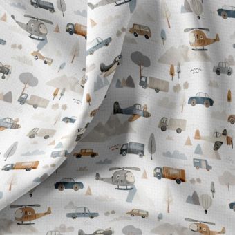 Tissu cretonne digital blanc avions voitures rétro carreaux