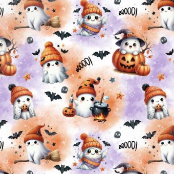 Tissu Impermeable Halloween Fantome Mignon, coupon 1m x laize (155cm)