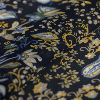 Tissu mousseline polyester fleurs indiennes marine