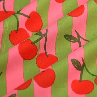 Tissu popeline coton cerise rayure rose vert
