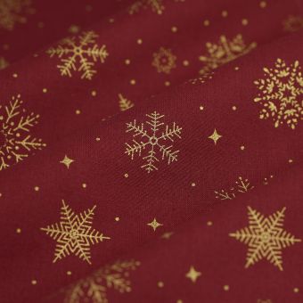 Tissu de Noël cretonne flocons bordeaux or