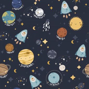 Tissu Coton Bébé Planètes Bleu, coupon 1m x laize (155cm)
