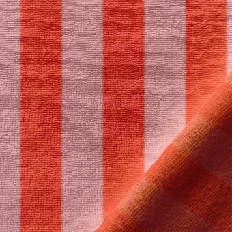 Tissu micro éponge rayée 3cm bicolore rose et rouge