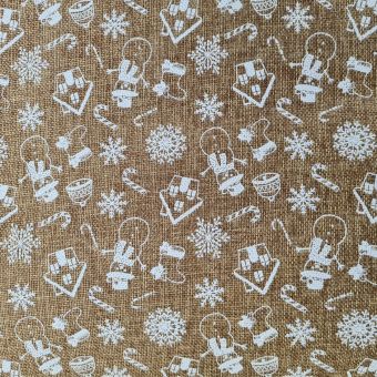 Toile effet jute motifs bonhomme neige blanc