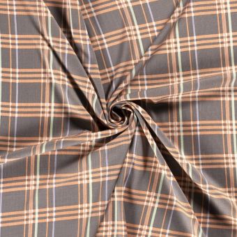 Tissu toile viscose gris moyen à carreaux rétro orange