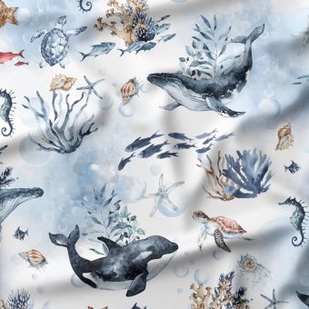 Tissu French Terry Marine aquarelle – baleines, tortues – toile premium