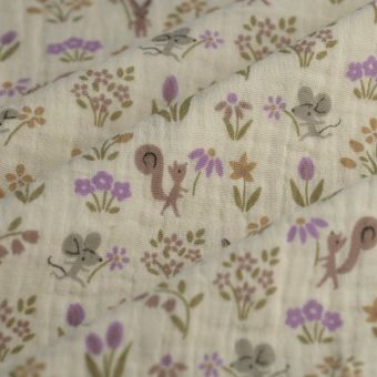Tissu double gaze écureuil fleuri mauve écru