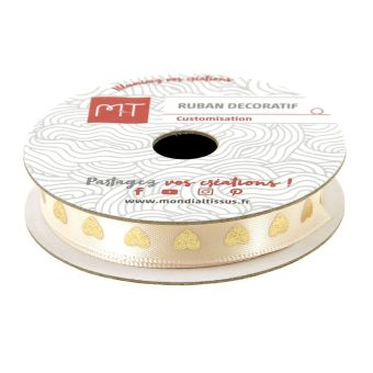 Bobine ruban satin écru cœurs dorés 4 m X 9 mm
