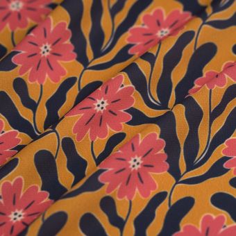 Tissu crêpe polyester fleur horizontales rose kaki