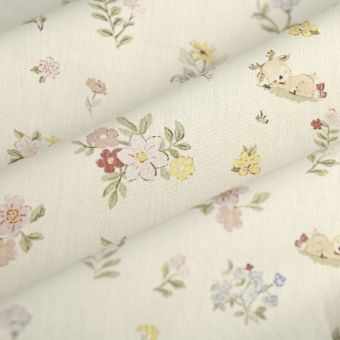Tissu popeline coton animaux fleuri écru