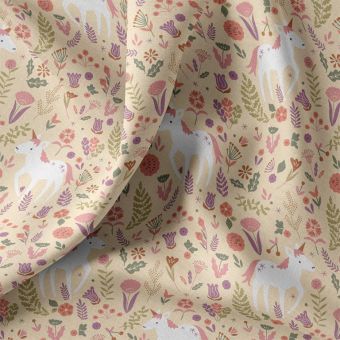Tissu cretonne imprimé licorne magique beige