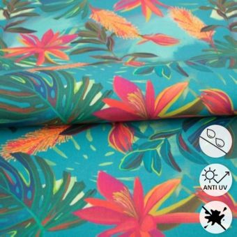 Toile bâche outdoor dralon déperlante imprimée Monstera bleue