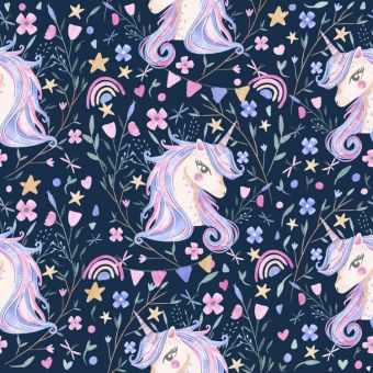 Tissu Impermeable Licorne Fleurie Bleu, coupon 1m x laize (155cm)