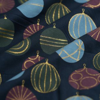 Tissu cretonne de Noël boule stylisées bleu 