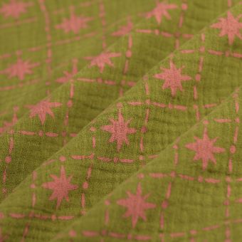 Tissu double gaze ligne étoile rose kaki