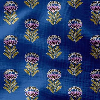 Tissu double gaze fleur indienne façon blockprint bleu