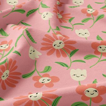 Tissu cretonne enduite imprimé fleurs fun peps fond rose