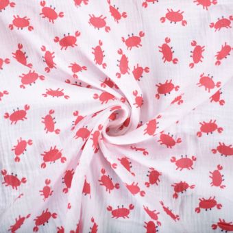 Tissu double gaze petits crabes rouges blanc