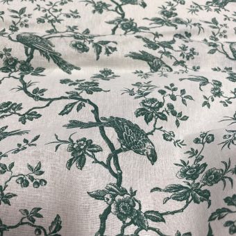 Tissu cretonne enduit mésanges effet toile de jouy vert