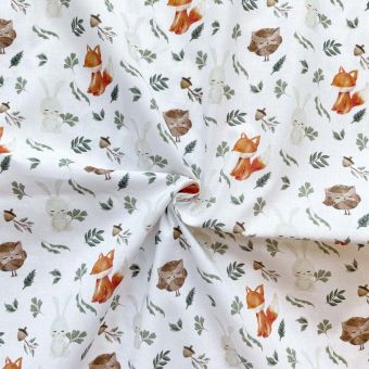Tissu cretonne imprimé digital animaux mignons forêt blanc