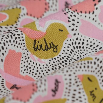 Tissu coton épais oiseaux jaunes et roses