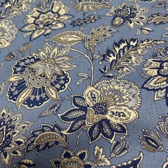 Tissu cretonne imprimé fleurs indienne bleu
