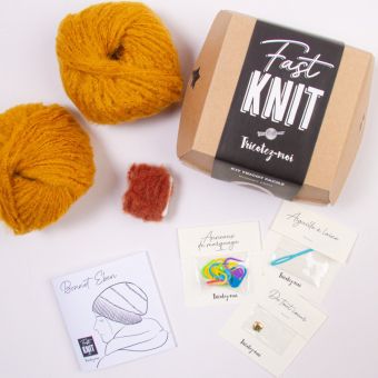 Kit DIY tricot - Fast Knit bonnet Eben ambre/rouille sans aiguille