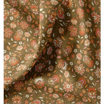 Tissu cretonne imprimé fleur indienne orange marron