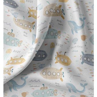 Tissu cretonne imprimé digital monde marin multico