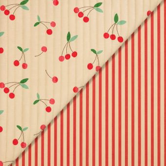 Tissu matelassé double gaze cerise fond rose envers rayé rouge