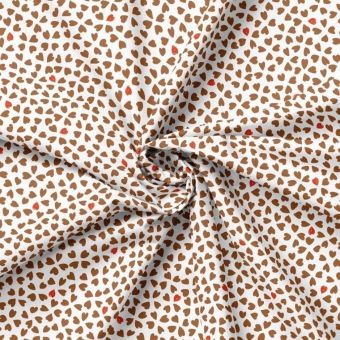 Tissu coton épais imprimé cœur marron fond écru