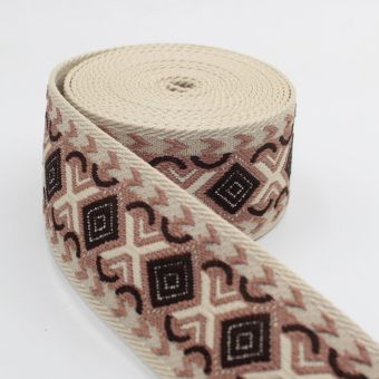 Ruban sangle ecru motif losange ethnique marron 50 mm
