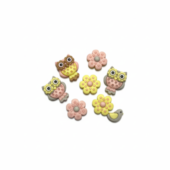 Sachet boutons fantaisie chouettes et fleurs rose et jaune