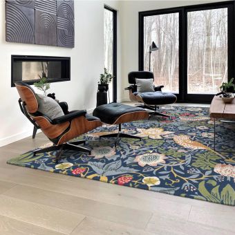Tapis salon et chambre fait à la main en laine motif floral STRAWBER, indigo