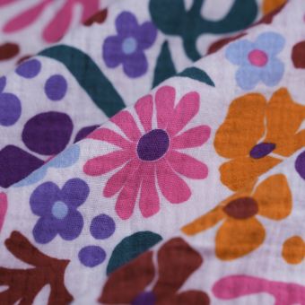 Tissu double gaze fleur découpée blanc