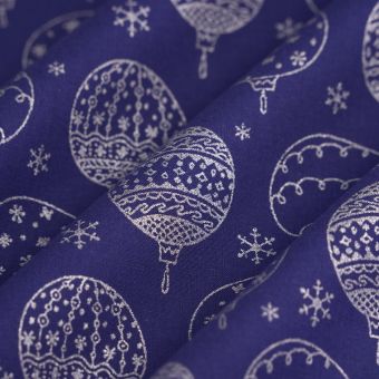 Tissu cretonne boule de Noël argent bleu 