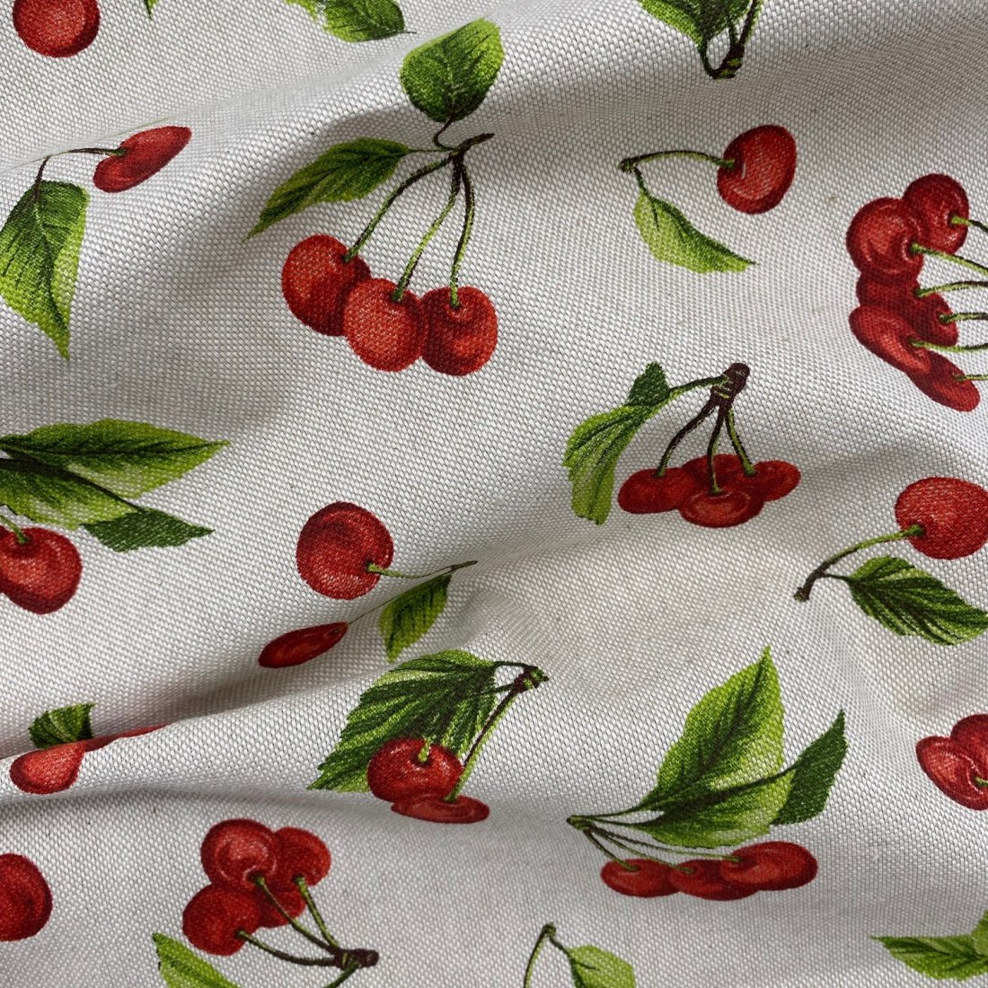 Tissu bachette linenlook enduit imprimé cerises