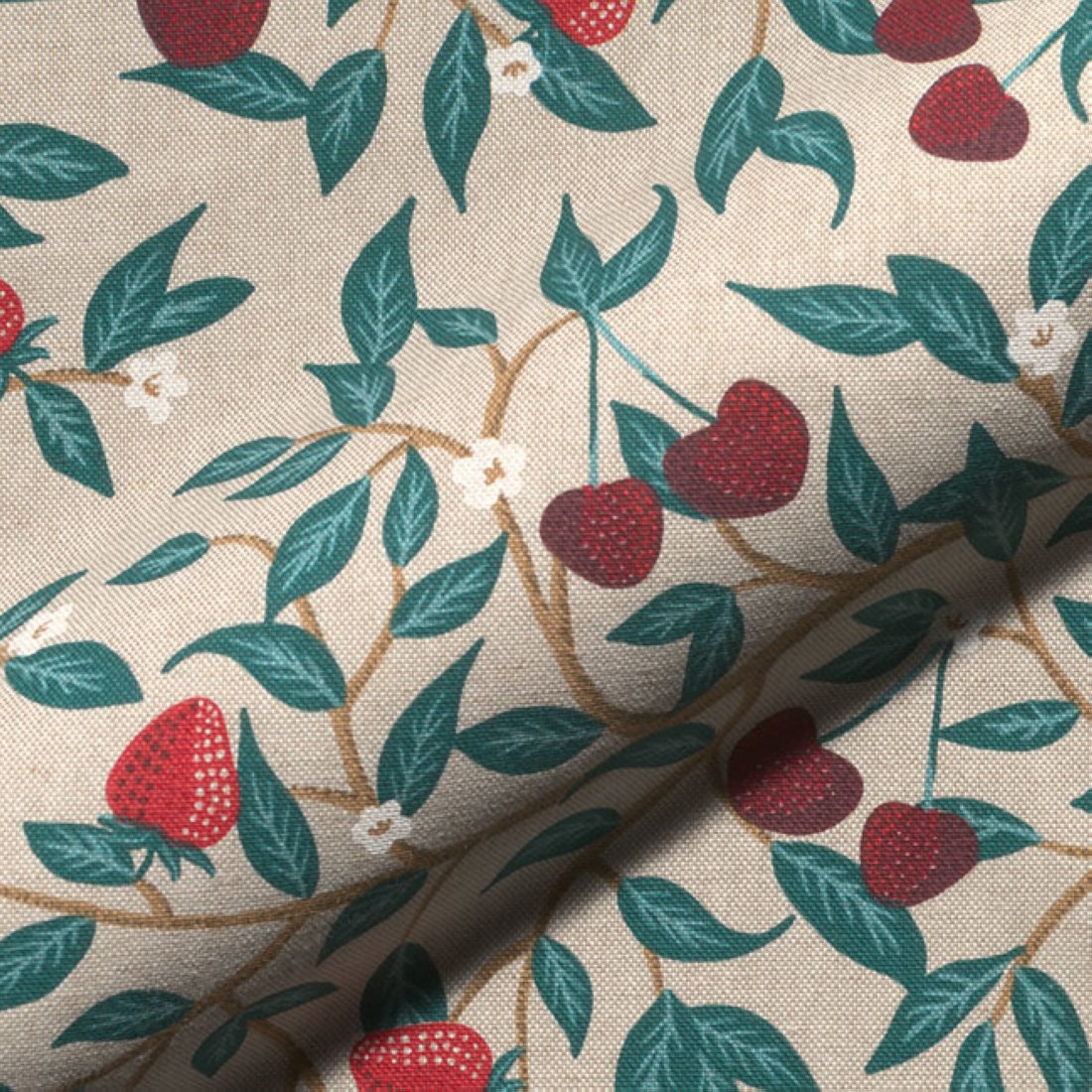 Tissu bachette linenlook imprimé fraise et cerise en fleurs