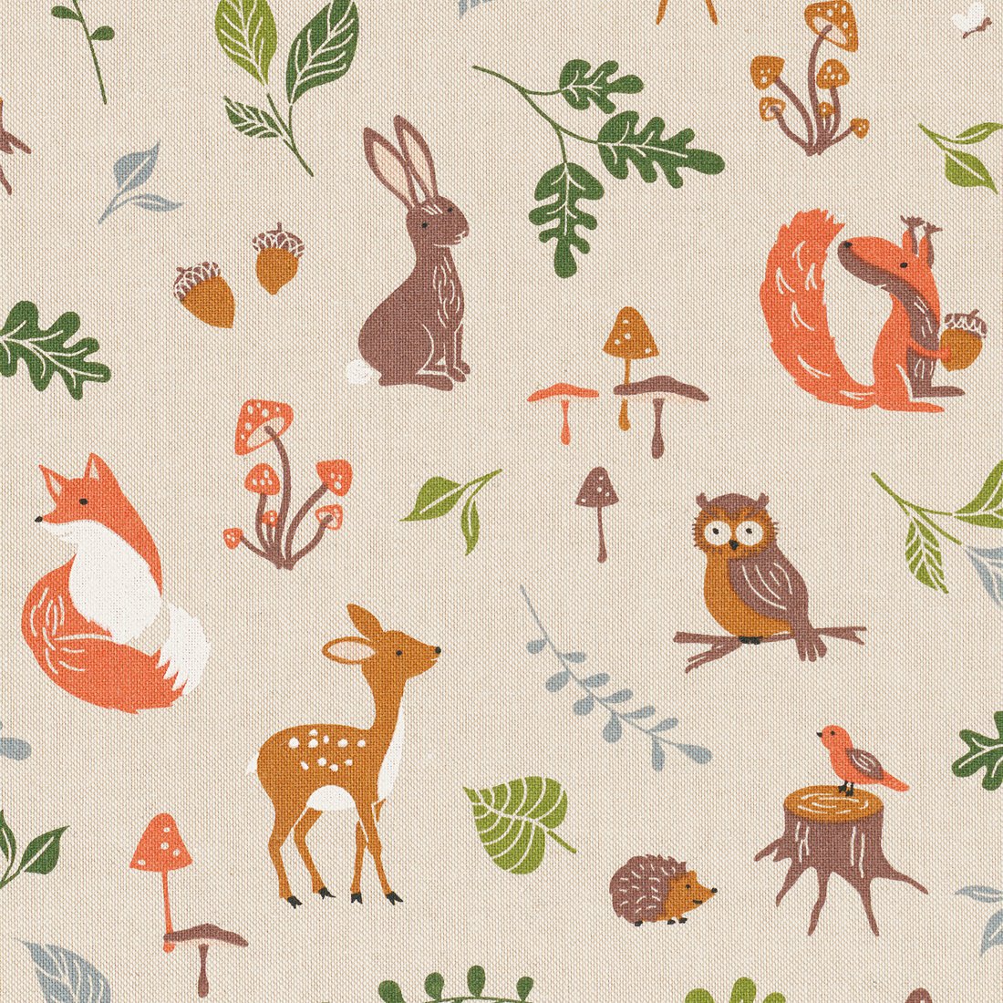 Tissu bachette linenlook motifs animaux mignons de la forêt