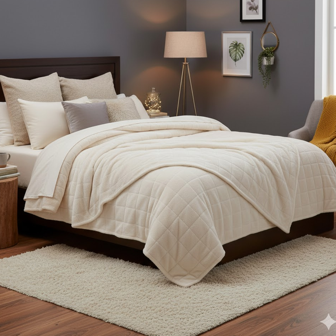 Boutis velours fourrure carreaux écru 230 x 250 cm. - MT