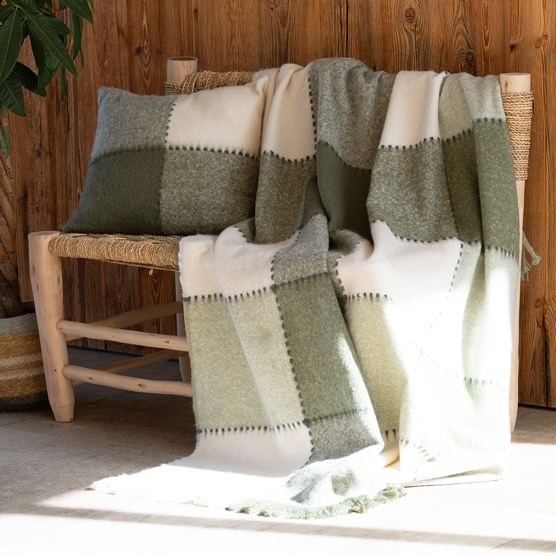 Plaid carreaux beija kaki 130 x 180 cm