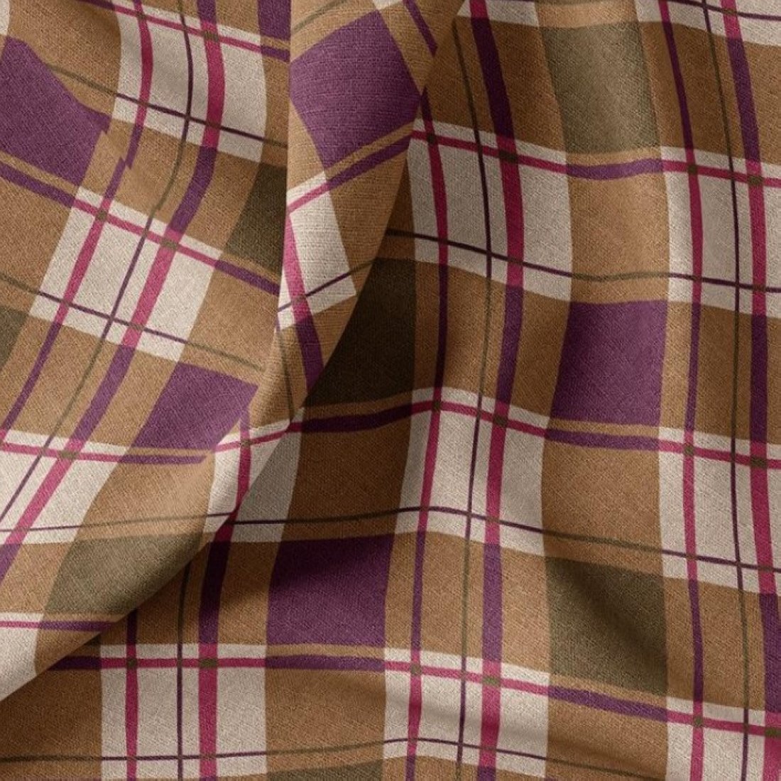 Tissu demi natté tartan vert kaki et lilas - DOMOTEX
