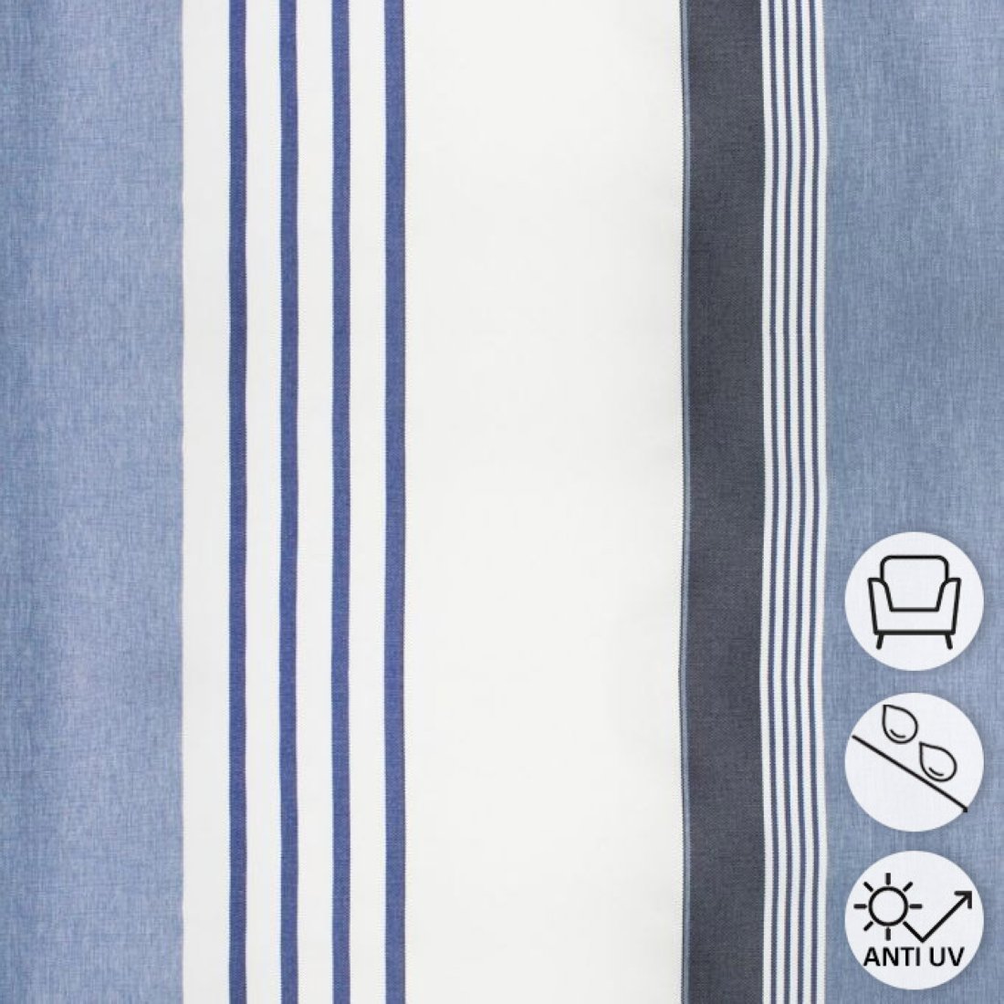 Tissu outdoor déperlant anti-uv bleu rayé blanc et marine 150 cm
