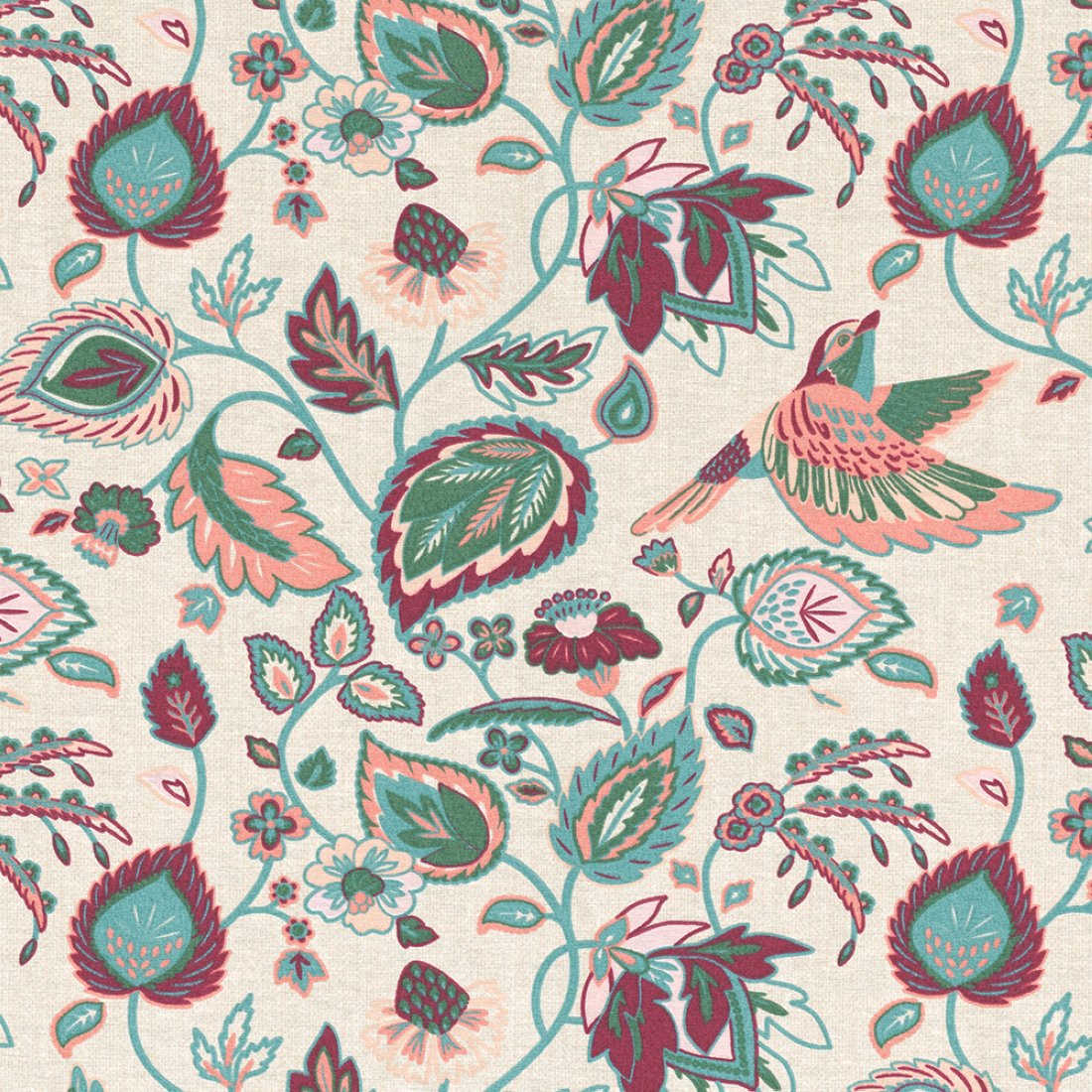 Tissu ottoman fleurs et oiseaux rose