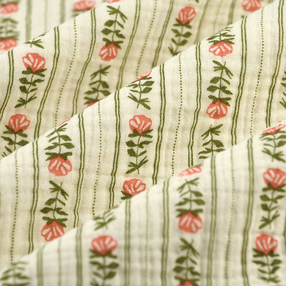 Tissu double gaze fleuri ligne vert rose - MT