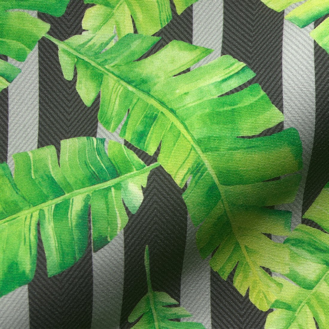 Toile outdoor dralon imprimée digitale feuillage fond rayé