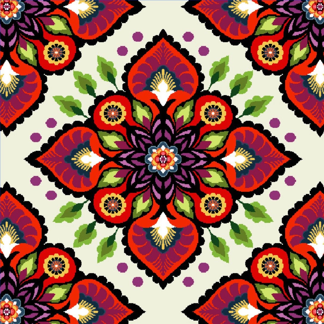 Carré de tissu jacquard fleur façon carreau de ciment rouge 45 x 45 cm